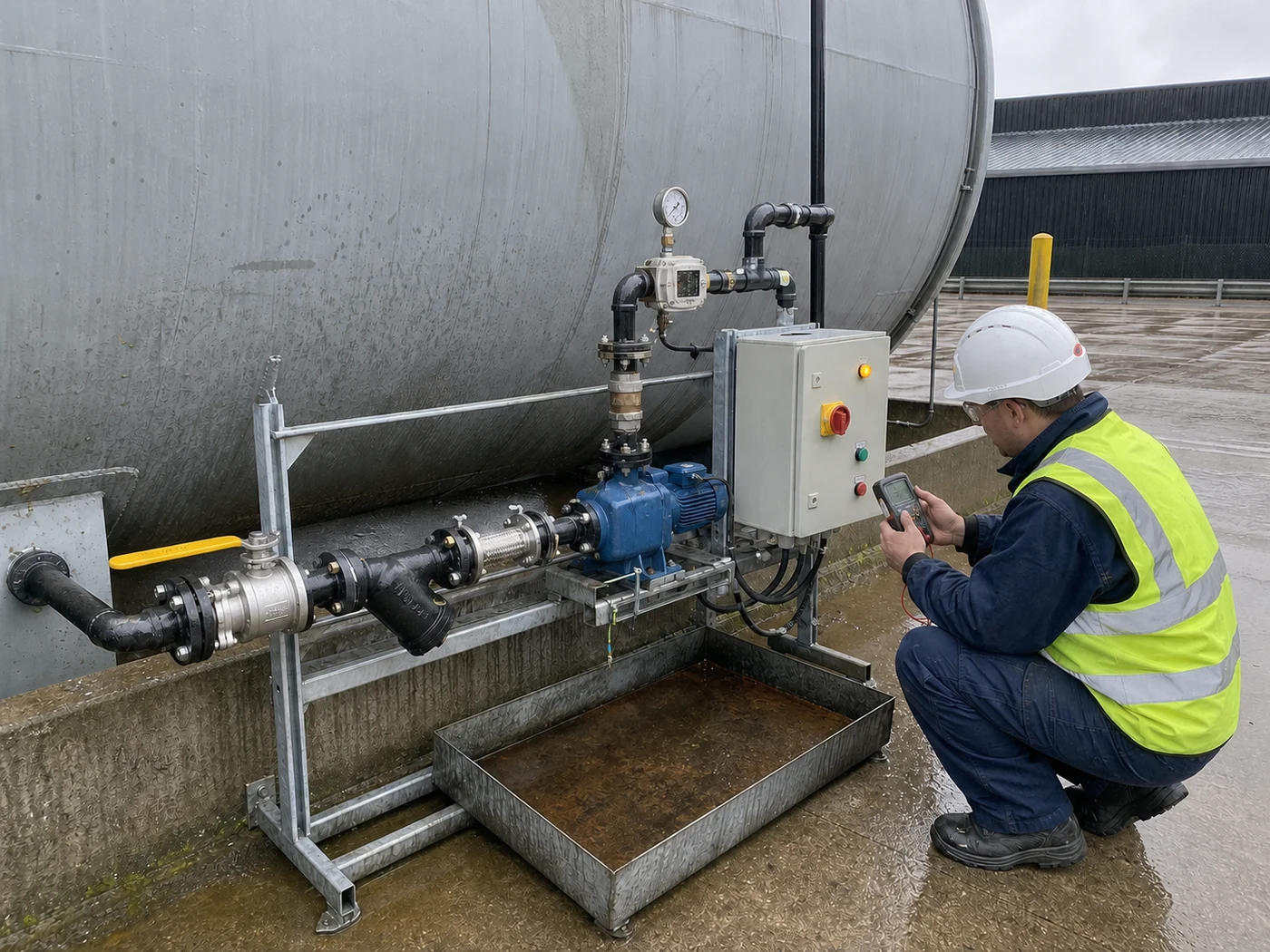 Engineer testing and commissioning a commercial fuel tank installation UK